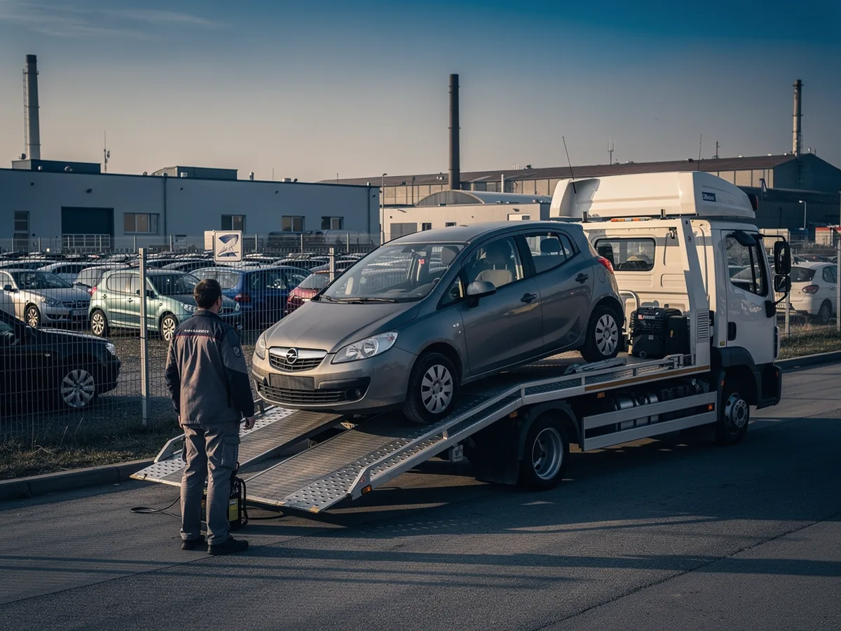 Odťahové vozidlo nakladá osobné auto na oplotenej odstavnej ploche